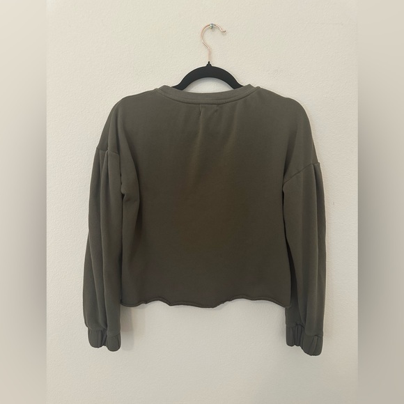 Nation Ltd Olive Green Balloon Sleeve Cropped Sweatshirt Sz S Boxy Minimalist - Picture 2 of 9
